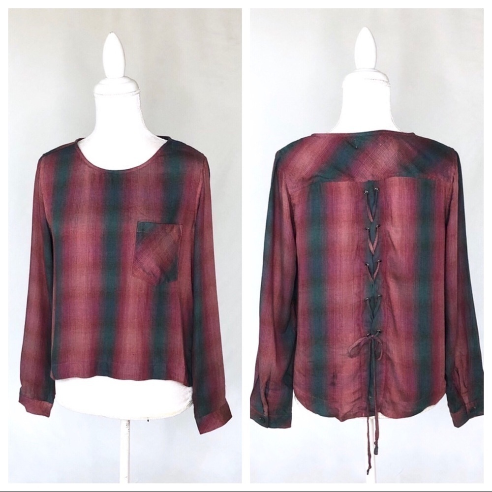 Anthropologie Cloth Stone plaid red blue rear lace-up top shirt small